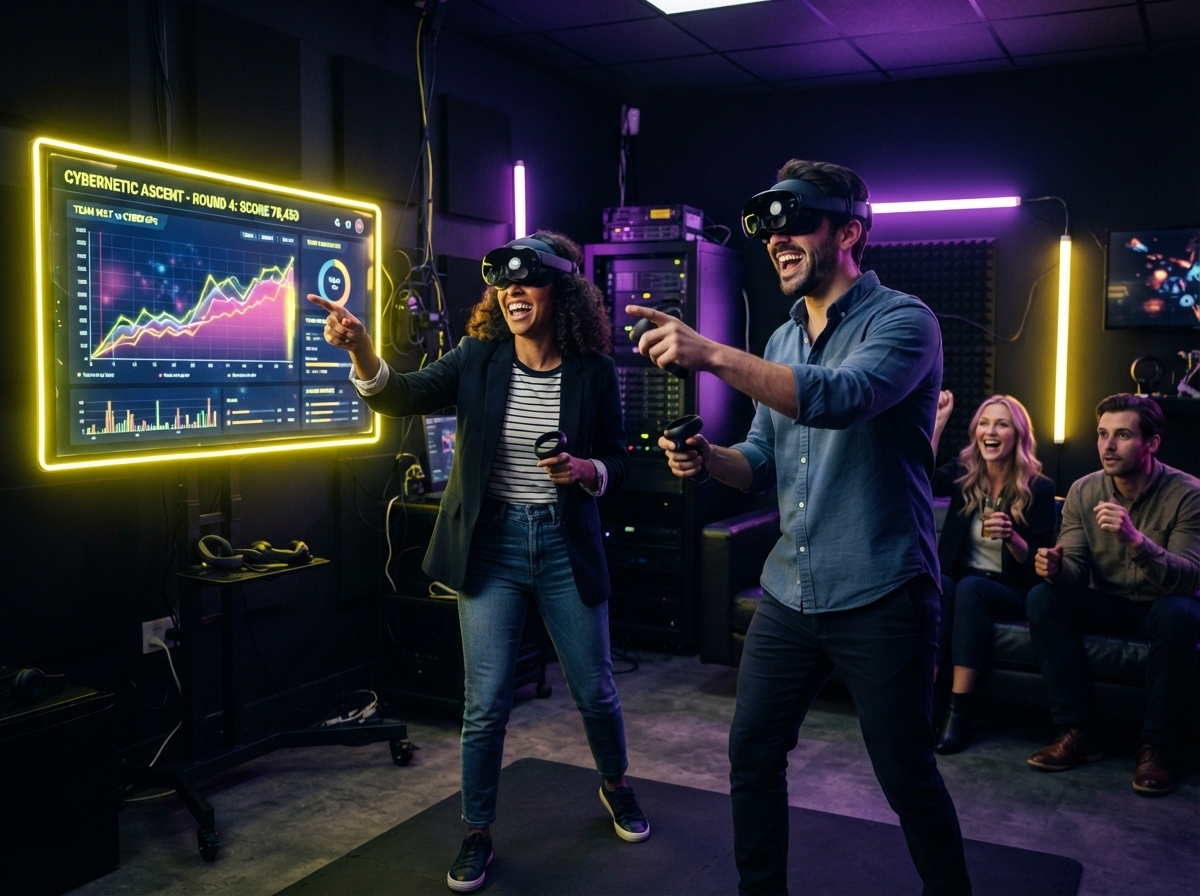 Команда в VR-шлемах на корпоративе