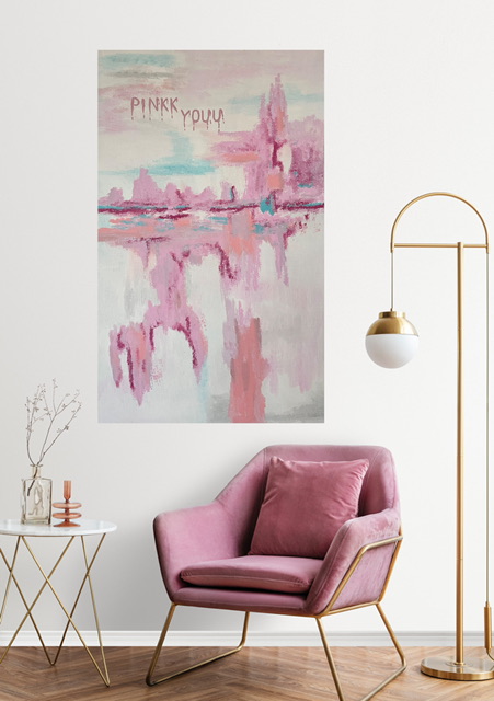 розовая большая современная картина на белой стене poliakova art