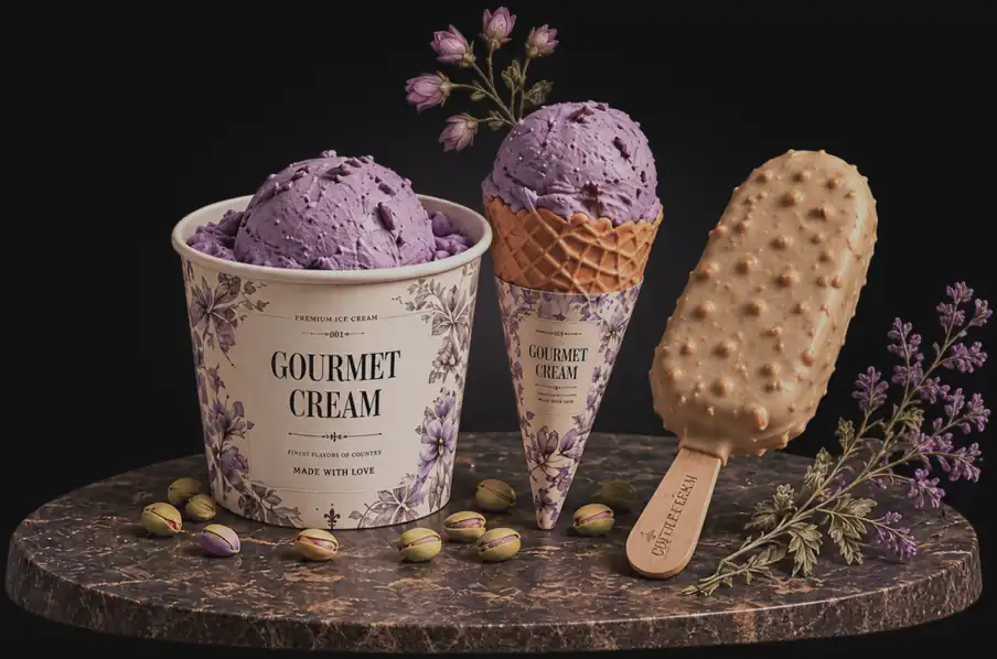 Мороженое Gourmet Cream: стаканчик, рожок и эскимо на мраморной подставке