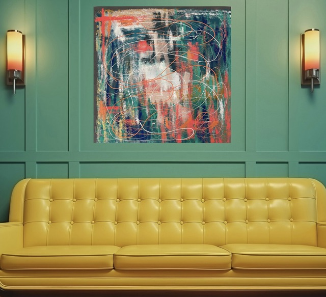 яркая квадратная картина над диваном poliakova art