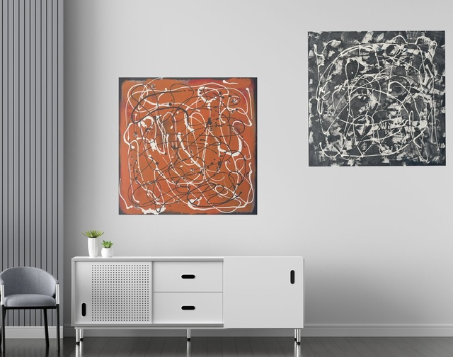 пример оранжевой и черно-белой абстракции в интерьере poliakovaart