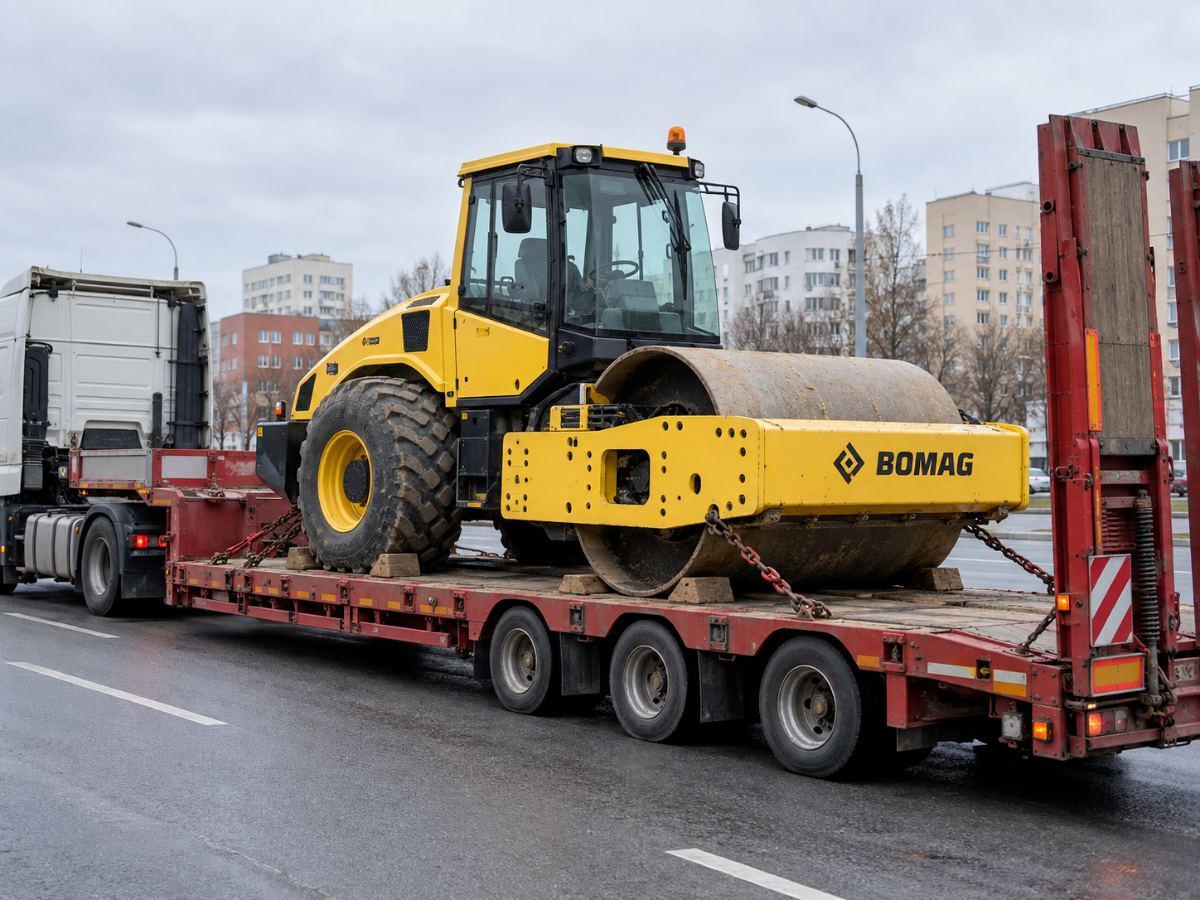 Грунтовый каток Bomag на низкорамном трале