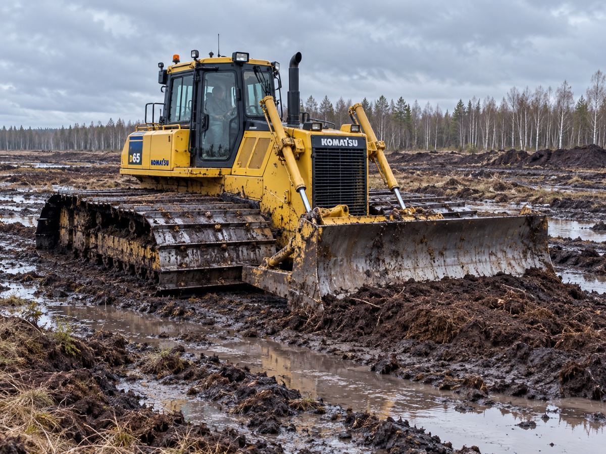 Болотный бульдозер Komatsu D65 с широкими гусеницами на влажном грунте