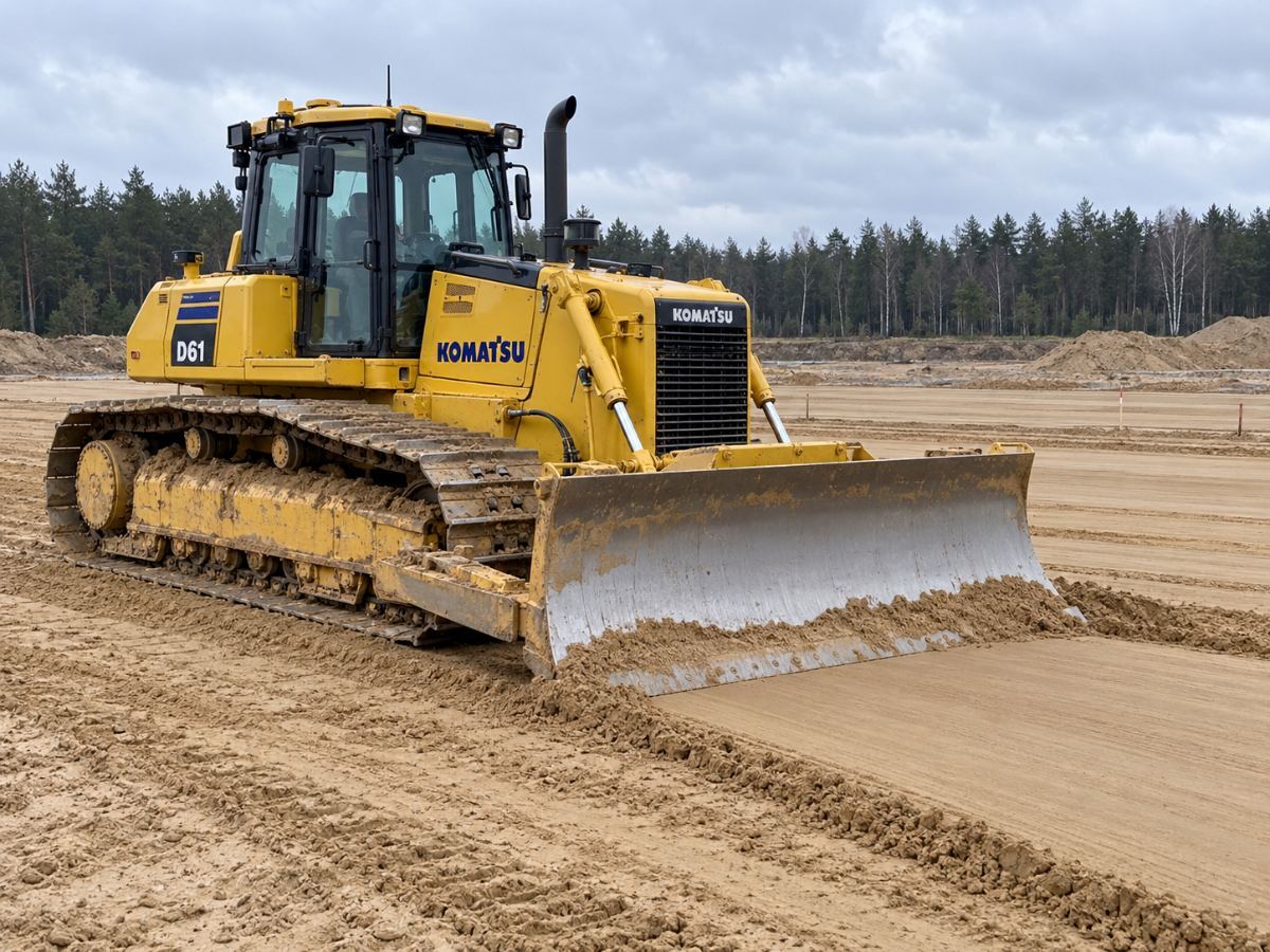 Бульдозер Komatsu D61 выполняет планировку песчаной площадки