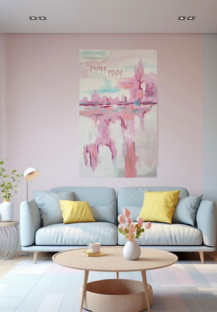 розовая современная картина над диваном poliakova art