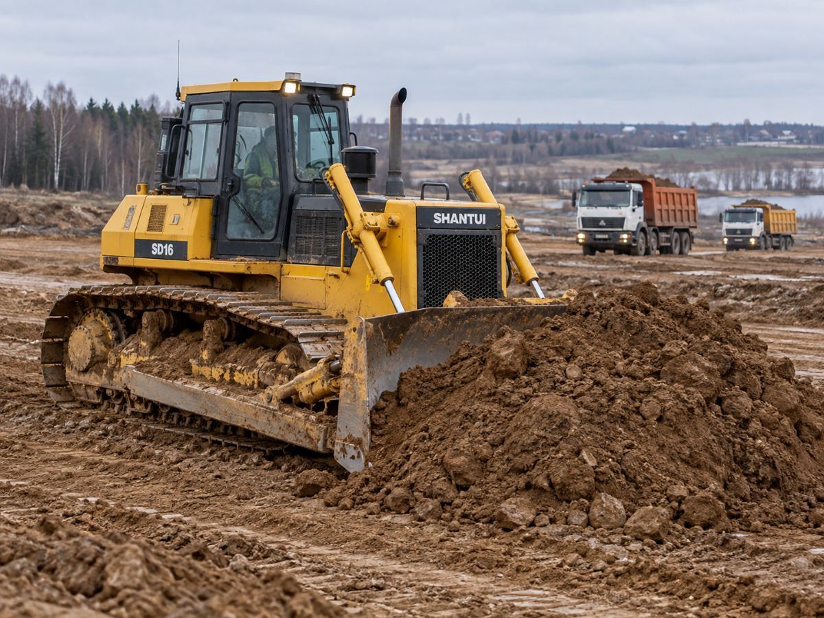 Бульдозер Shantui SD16 перемещает грунт на строительной площадке