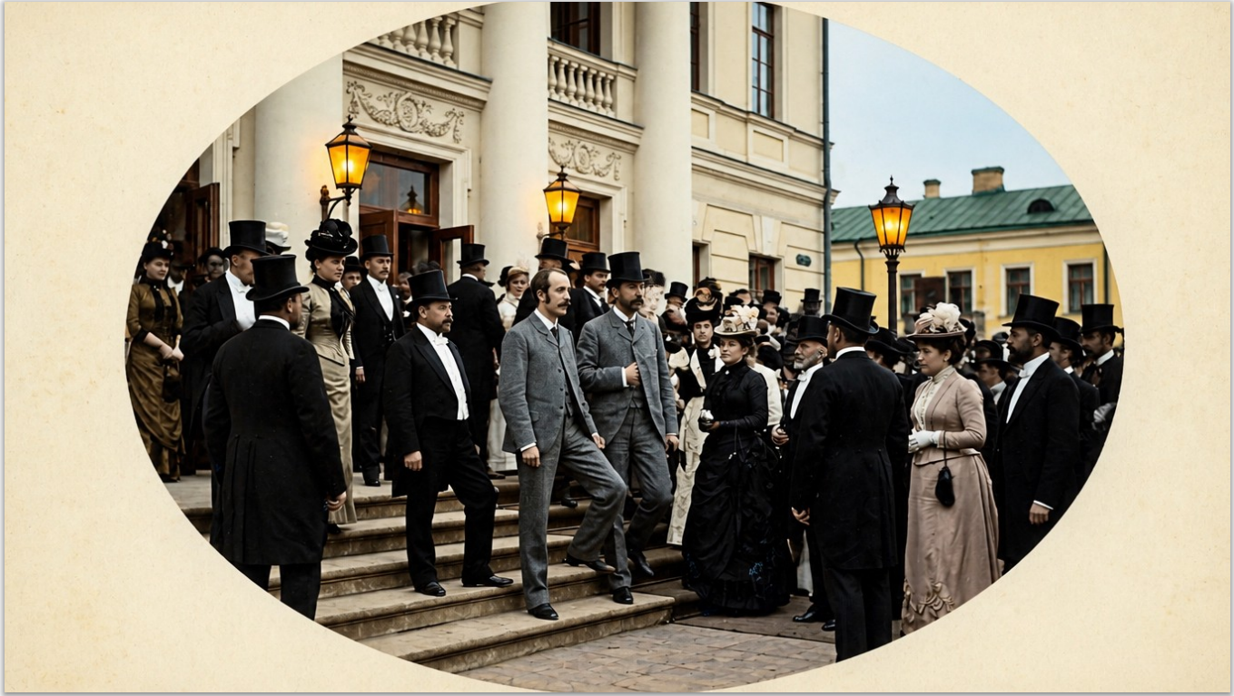 Открытие Городского театра в Минске, 1890-е годы. Граф Чапский среди приглашённых на парадной лестнице