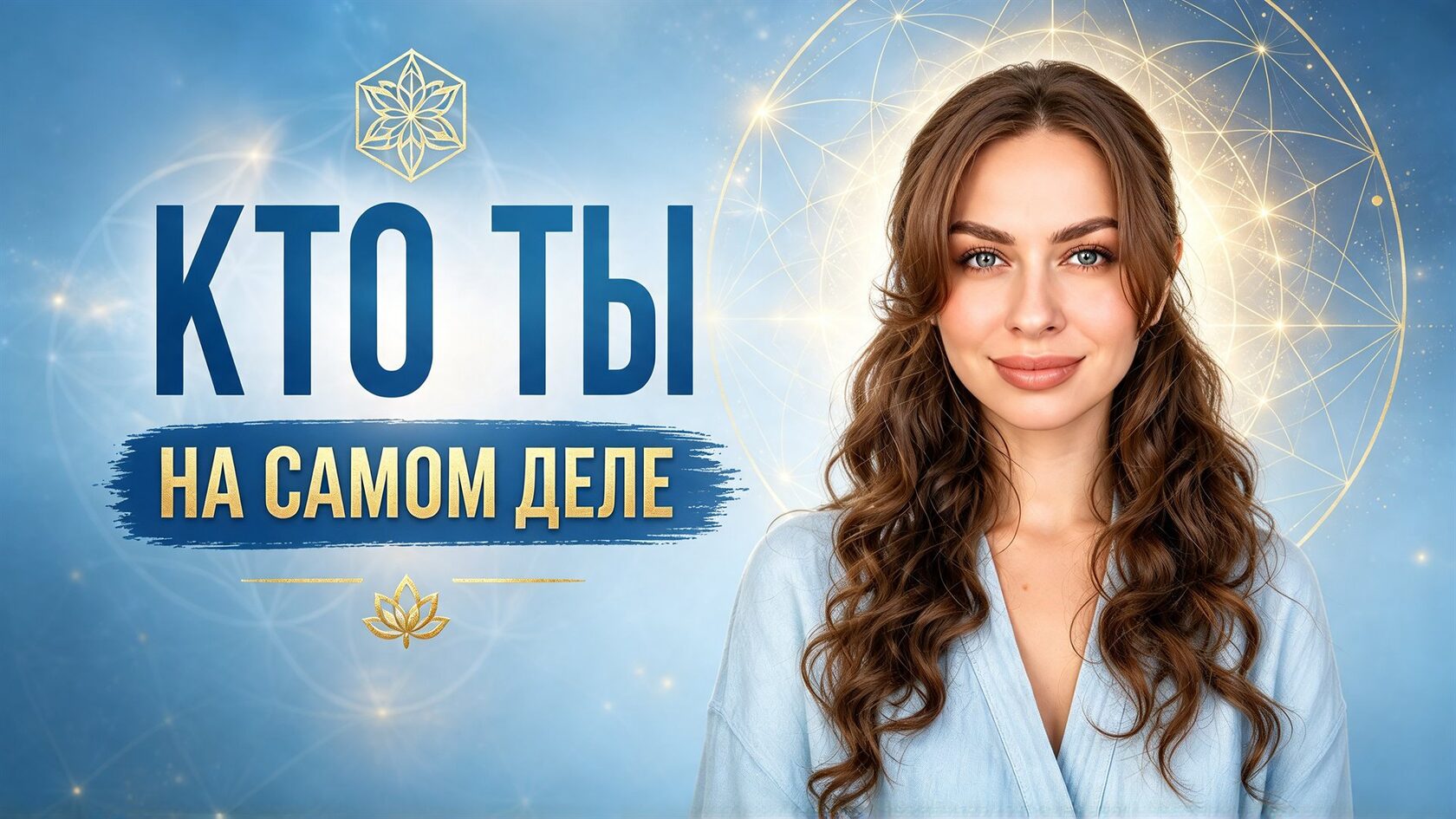 Обложка видео «Кто ты на самом деле»: ведущая программы на фоне голубого неба и золотой сакральной геометрии