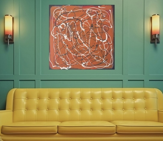 оранжевая квадратная абстракция над желтым диваном poliakova art