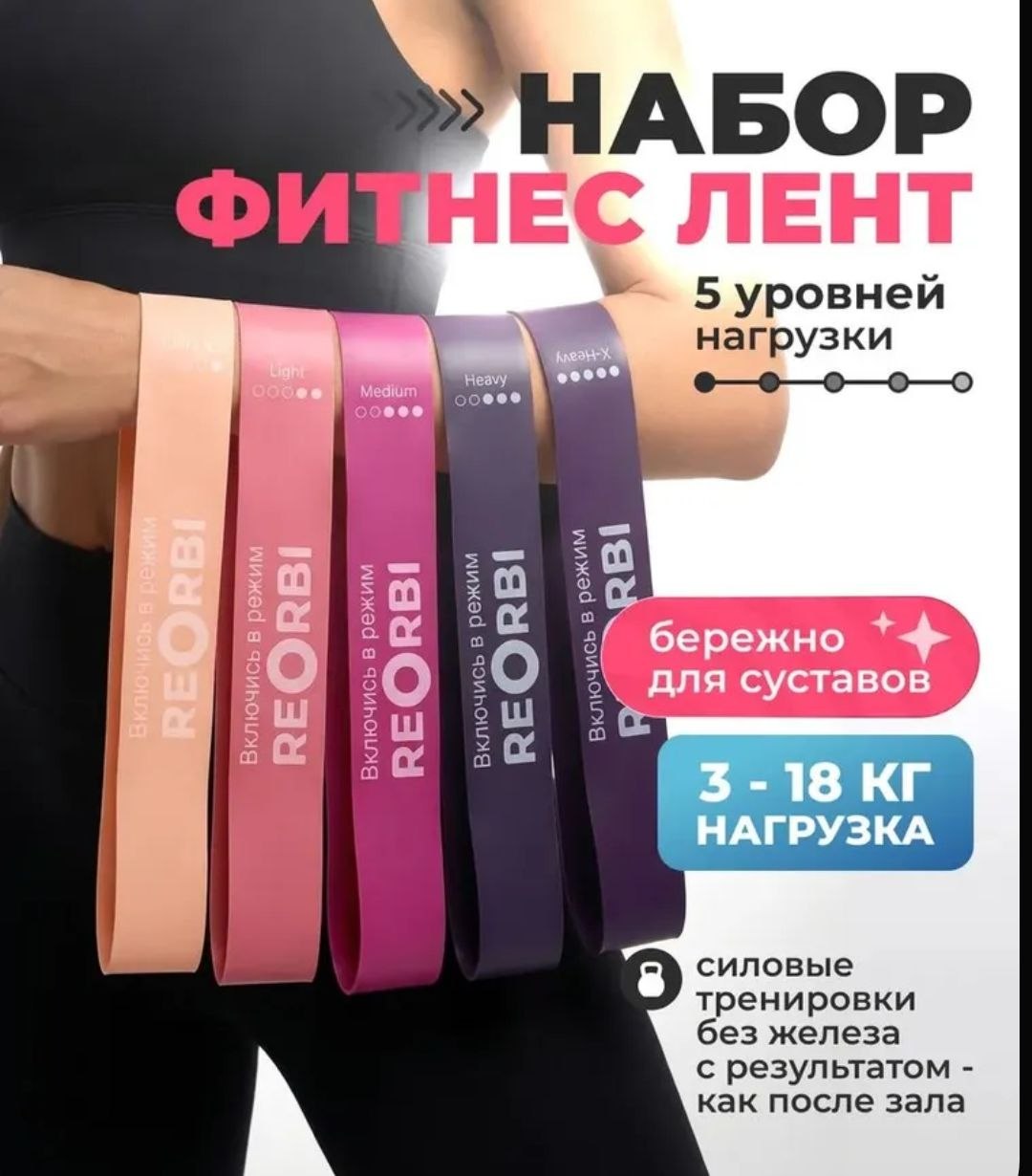 Набор резиновых фитнес-лент REORBI, 5 уровней нагрузки