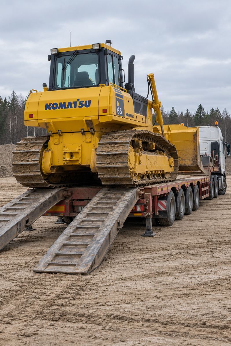 Бульдозер Komatsu D65 заезжает по аппарелям на трал