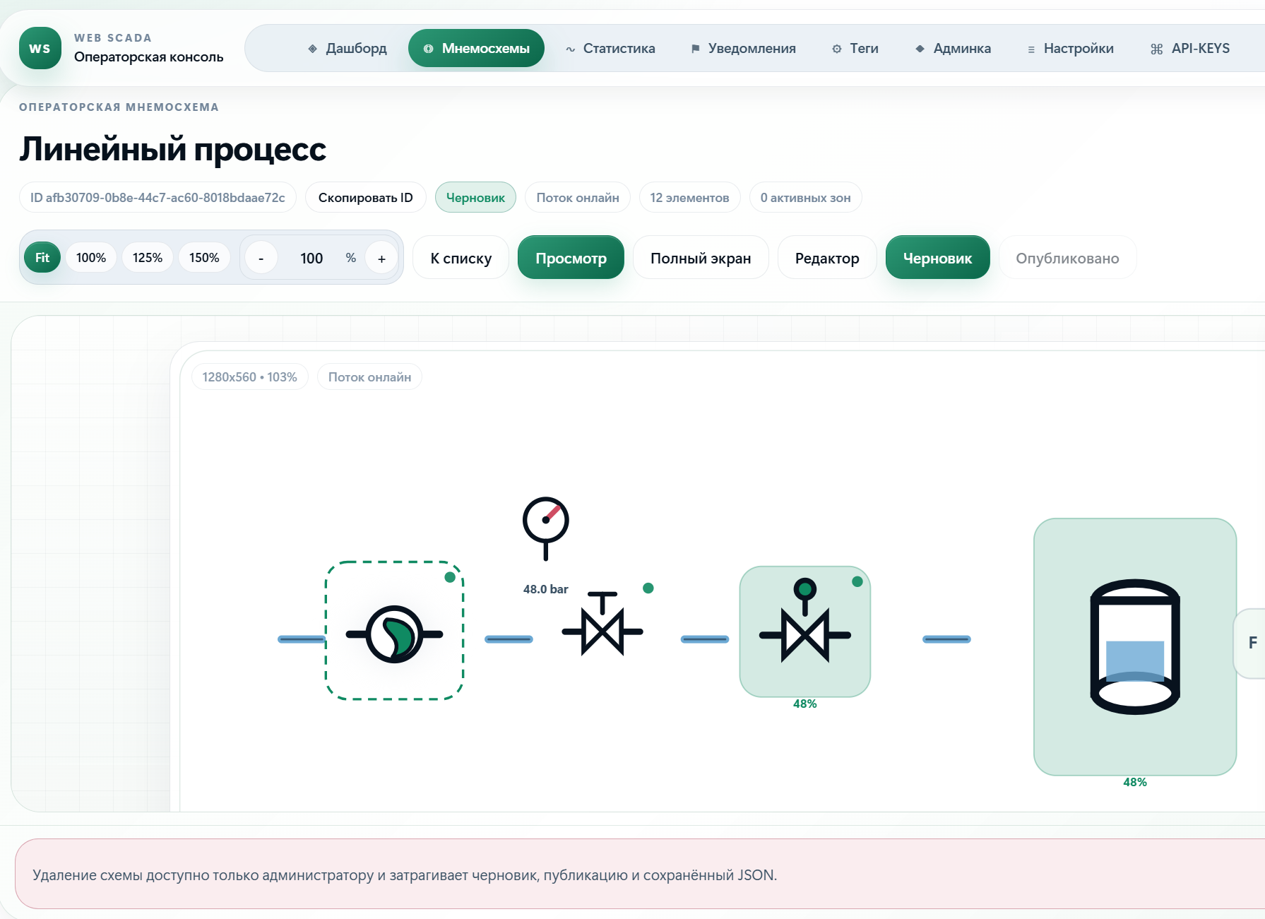 Редактор мнемосхем Web SCADA: линейный процесс с насосом, задвижками и ёмкостью