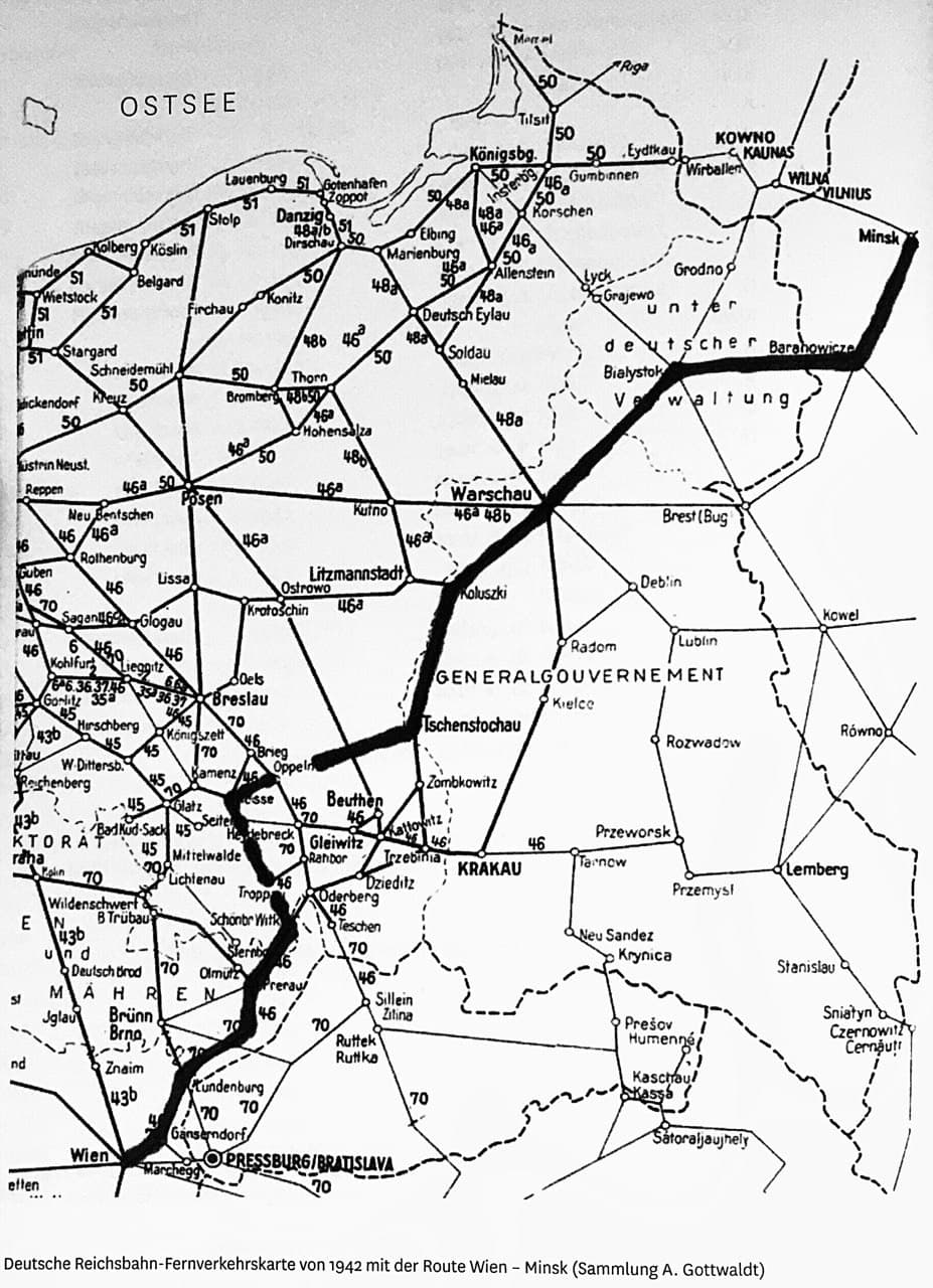 German Reichsbahn long-distance traffic map from 1942 with the route Vienna - Minsk (A. Gottwaldt Collection)