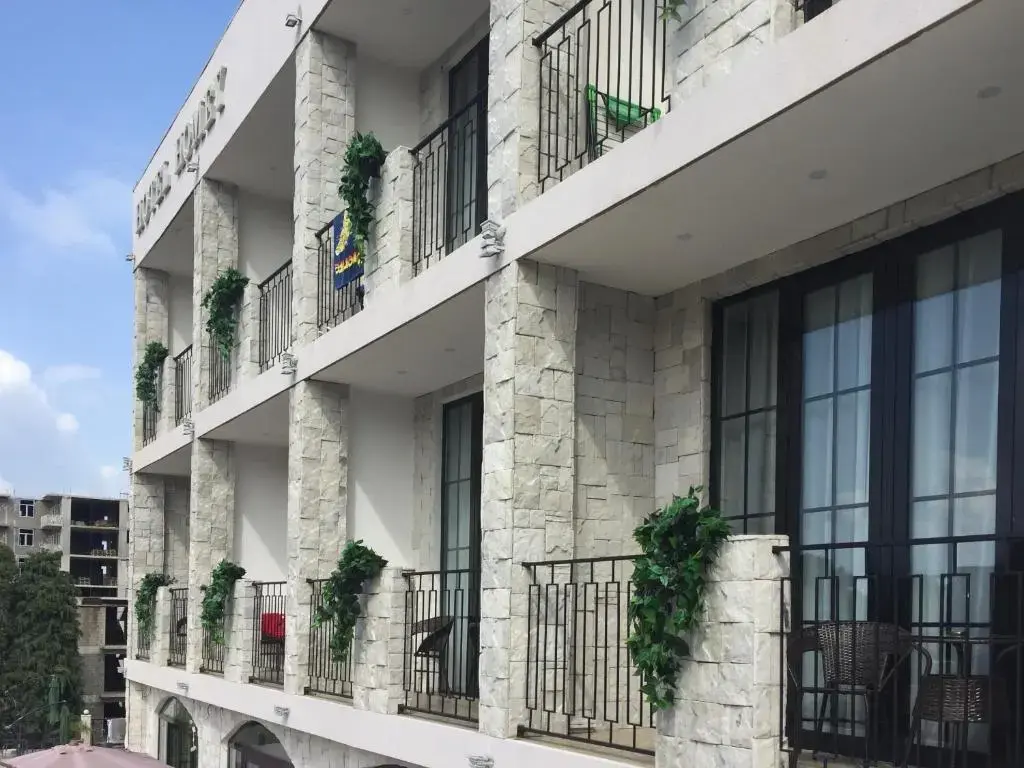 Homey Hotel 3* в Кобулети — бассейн и зелёная территория у соснового парка