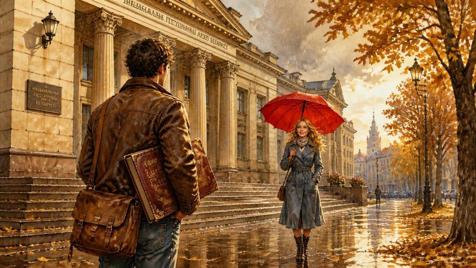 Молодой человек с большой старинной книгой в руках стоит на ступенях здания Национального исторического архива Беларуси, к нему идёт девушка под красным зонтом — осенний Минск, жёлтые листья и купола вдали