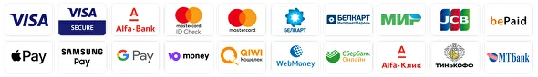 Принимаем к оплате: Visa, Mastercard, Белкарт, Мир и другие платёжные системы