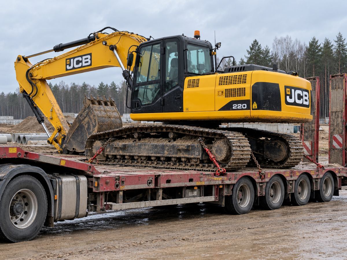 Гусеничный экскаватор JCB 220 закреплён на платформе трала