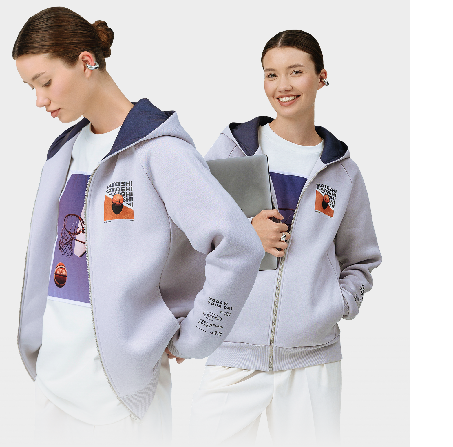 Девушка-модель в худи, производства Satoshi brand 