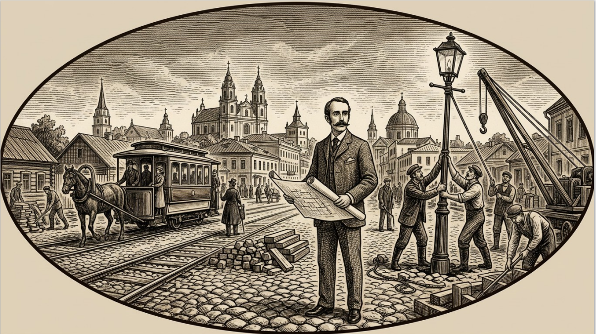 Минск 1890-х: граф Чапский на фоне строящегося города. Конка, фонари, мощёные улицы — всё это его дело