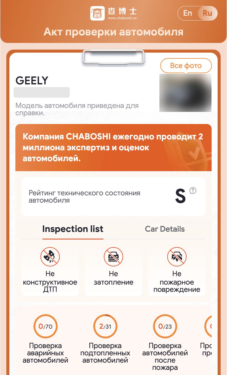 Акт выездного осмотра: рейтинг состояния S, нет следов ДТП, затопления и пожара